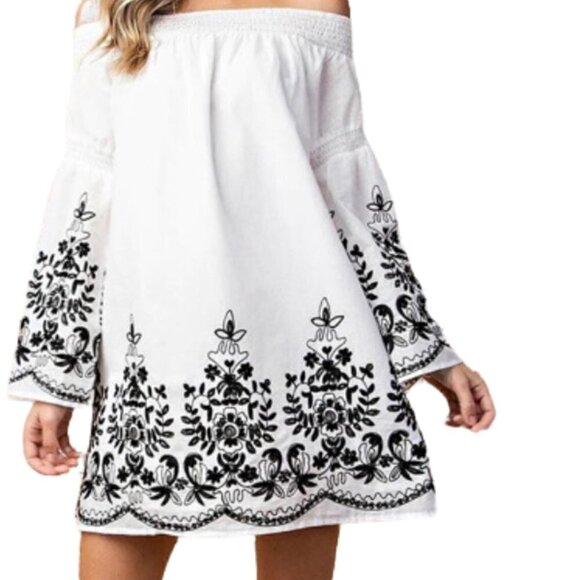 Women Bell Sleeve Dress, Off The Shoulder Dress, Embroidered Dress - Picture 4 of 6